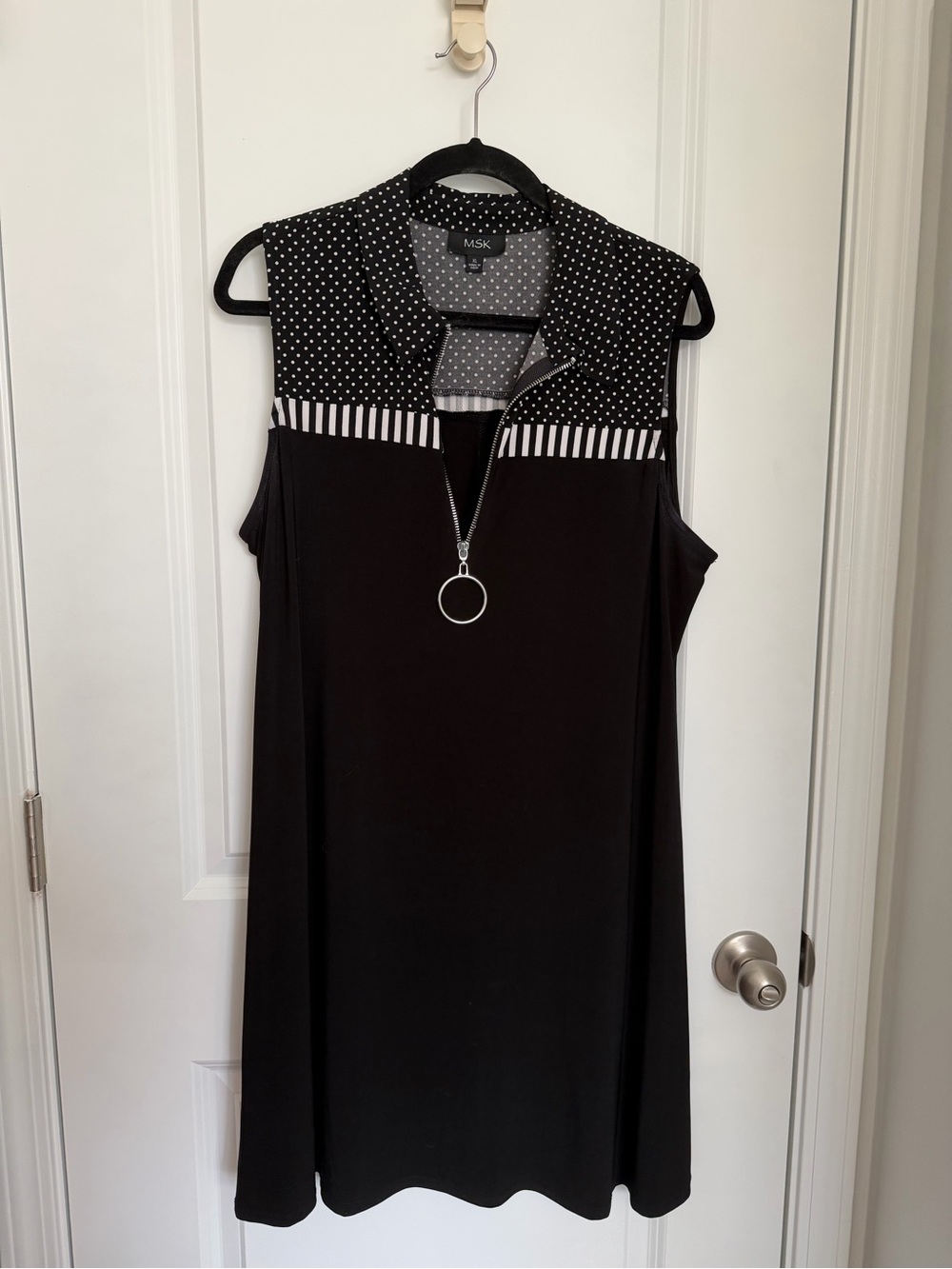 MSK Black Sleeveless Polo Dress with Polka Dot Yoke and Zip Ring